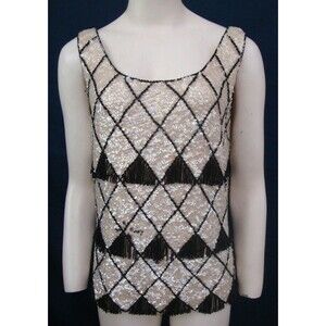 Vintage BEADED TOP Fringe Sequins 50s 60s Cropped WIGGLE Sleeveless Large